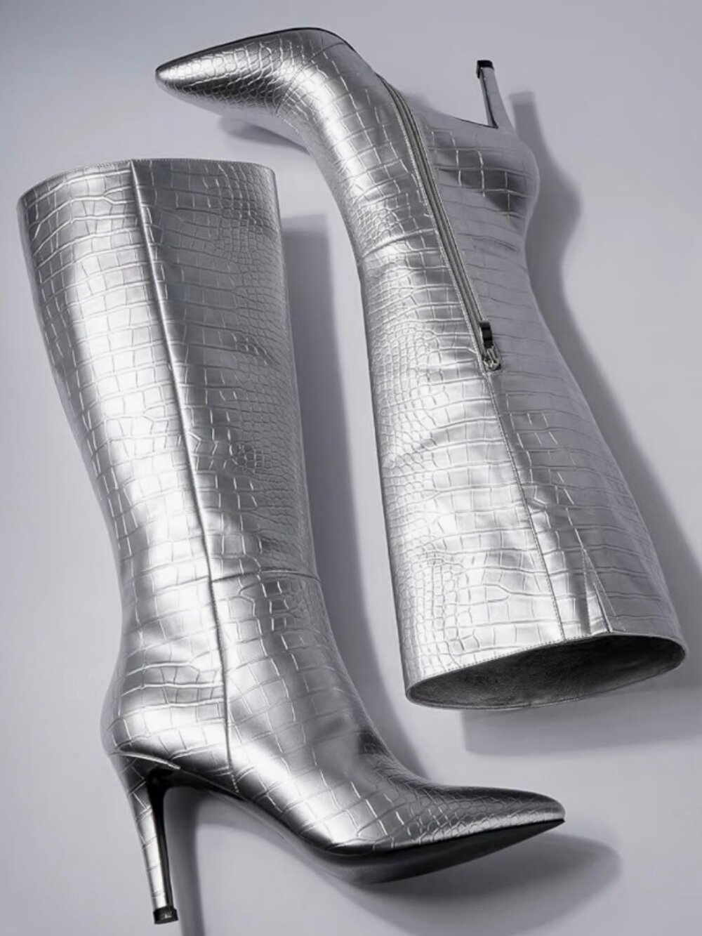 Silver Metallic Croc-Embossed Knee-High Heeled Boots